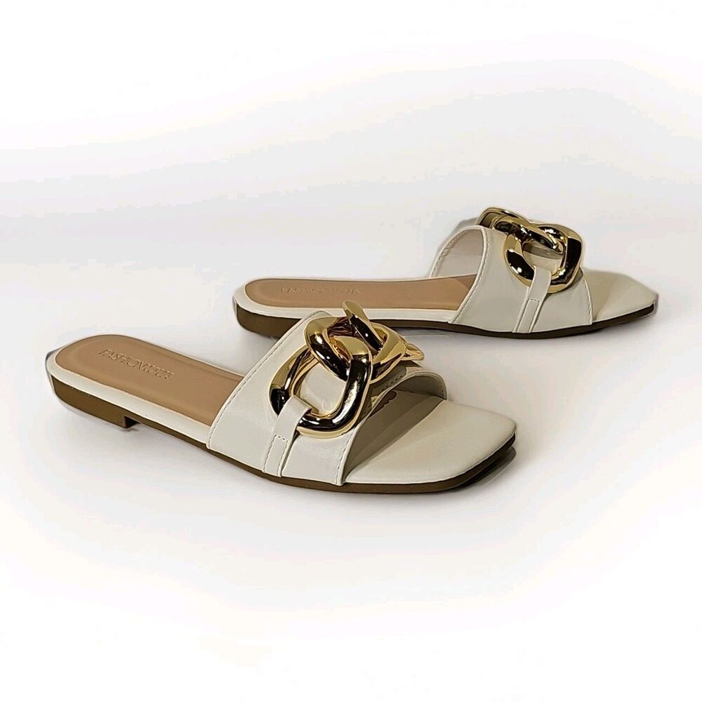Fashion Nova White Square Toe Slide Sandals Gold Chain Link Flat Buckle Shoes 7 - Picture 3 of 8